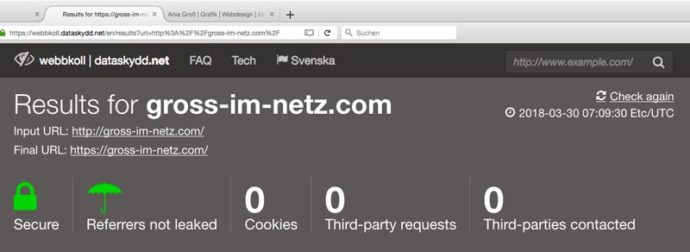 Screenshot einer Website, auf der man den Datenschutz überprüfen kann. Alles okay.